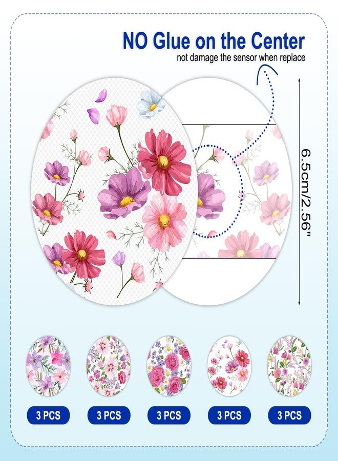HONYOU 15Pack Freestyle Bandage for Libre 3 Plus Sensor Covers Waterproof, 15 Days Libre 3 Overpatch Tape Floral Pattern CGM Adhesive Patches Without Hole - Image 5